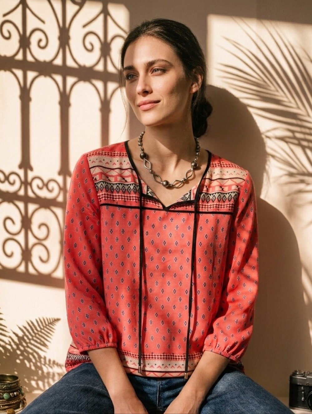 Live 4 Truth Coral Boho Peasant Blouse Geometric Tribal Print Tassel Tie Top M